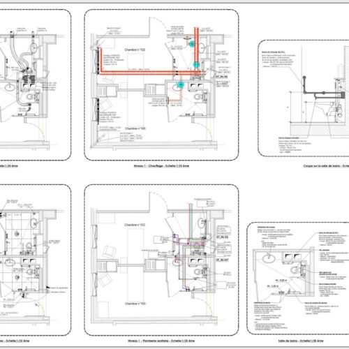 Plan technique chambre type avec équipements sanitaires EHPAD
