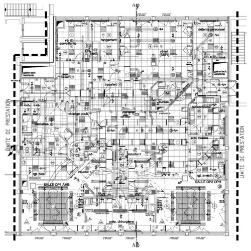 Plan de synthèse du bloc opératoire et réseaux CVC Lyon Sud